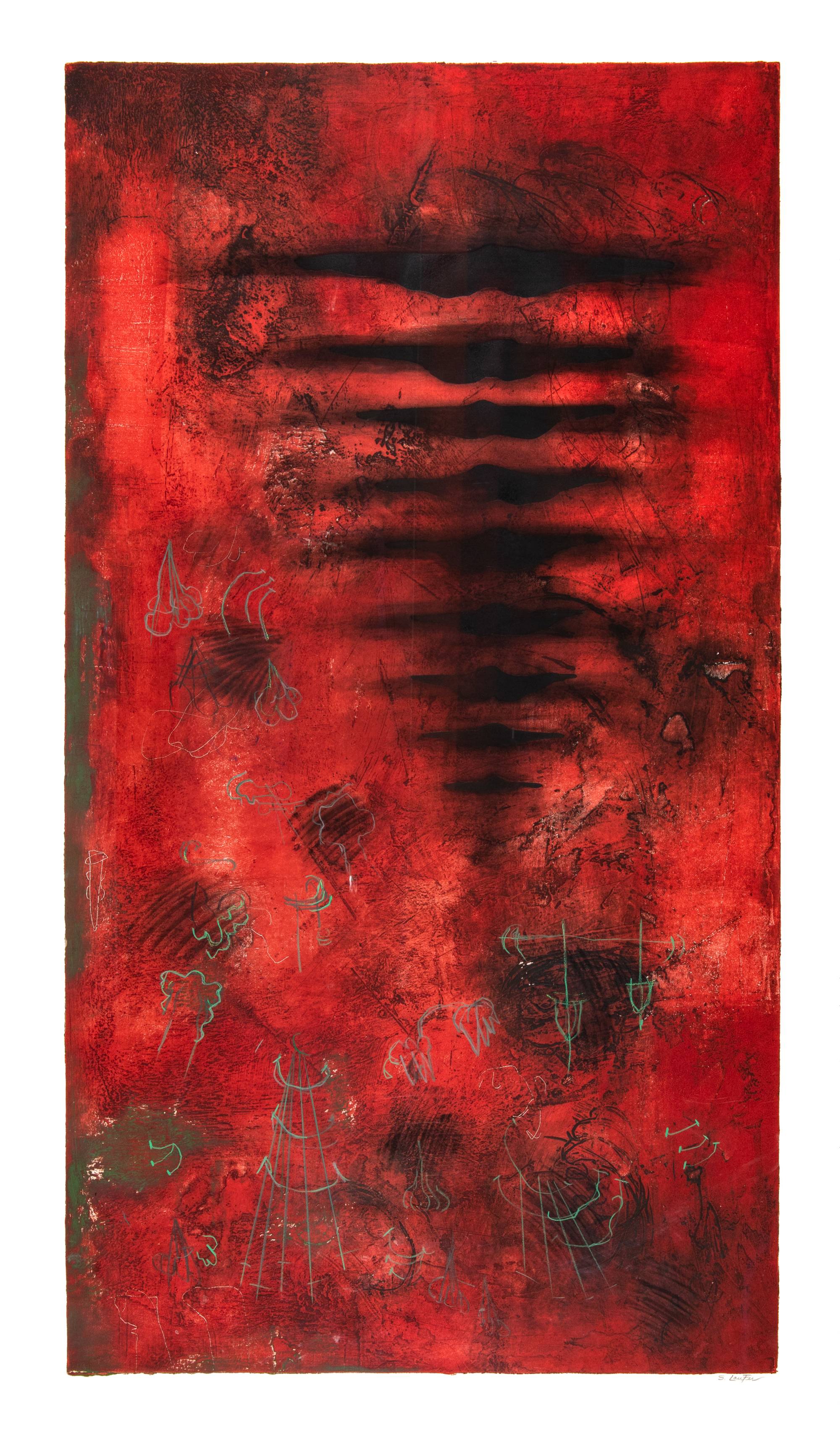 monotype of red and black abstract forms